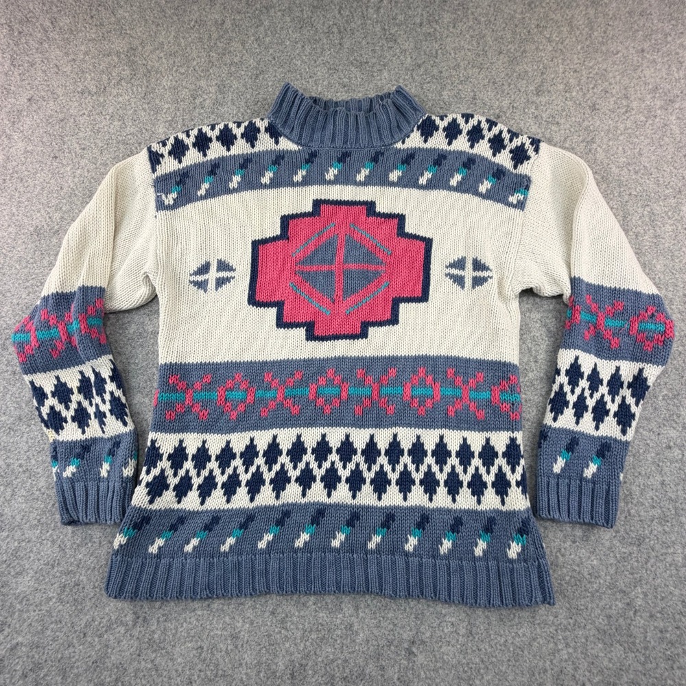 Nuovo Vintage Southwestern Knit Sweater Mock Neck Ramie Cotton Blue Pink Large